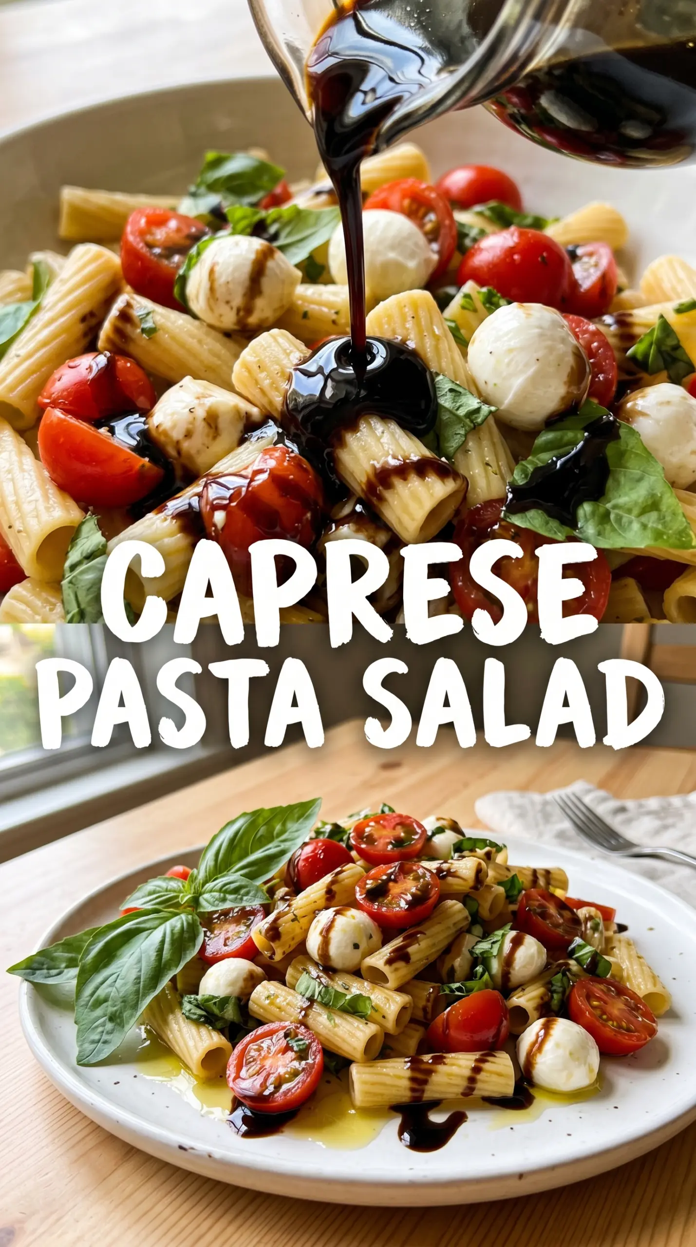 Easy Caprese Pasta Salad with tomatoes basil mozzarella