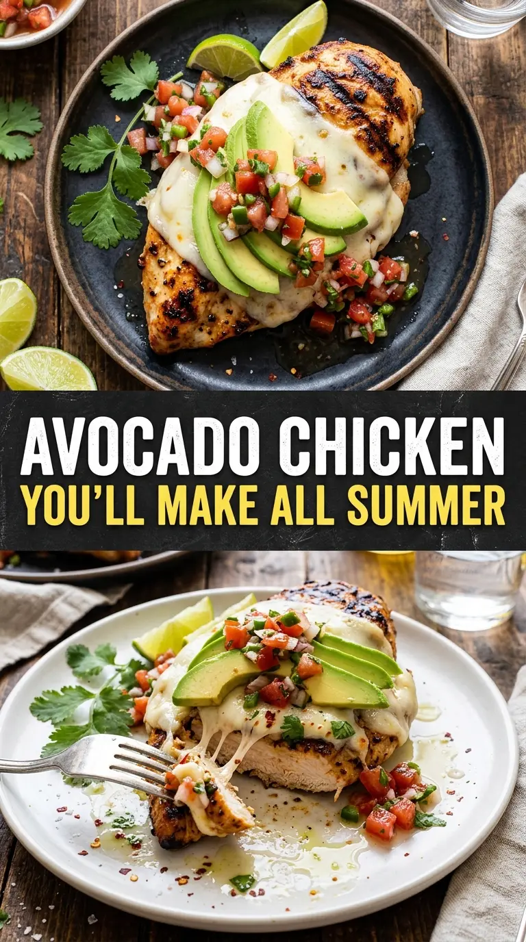 Grilled California Avocado Chicken with avocado, tomato, mozzarella