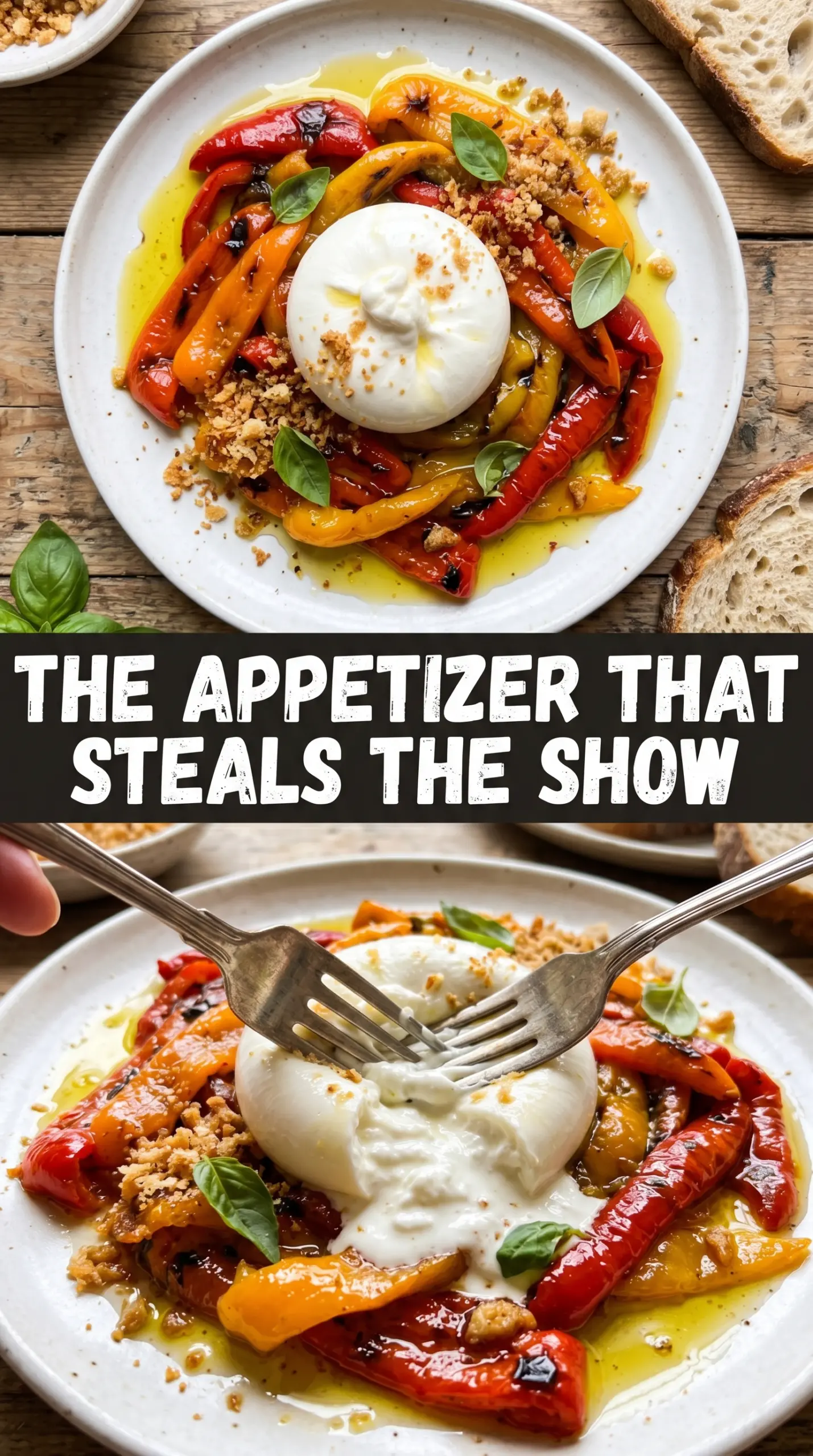 Grilled Marinated Peppers with Burrata and Breadcrumbs colorful creamy crispy