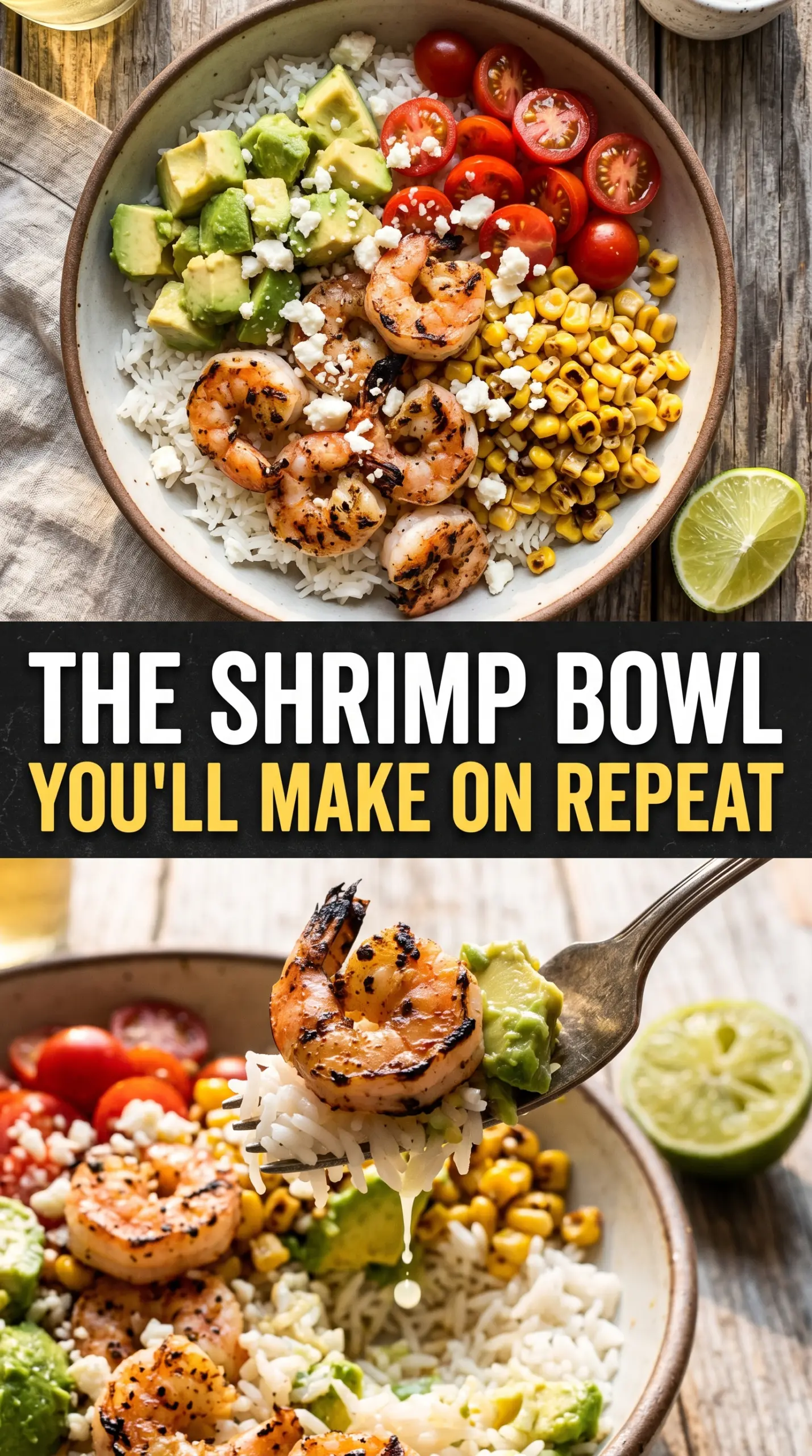 Grilled Shrimp Bowl with Avocado and Corn Salsa colorful fresh lime