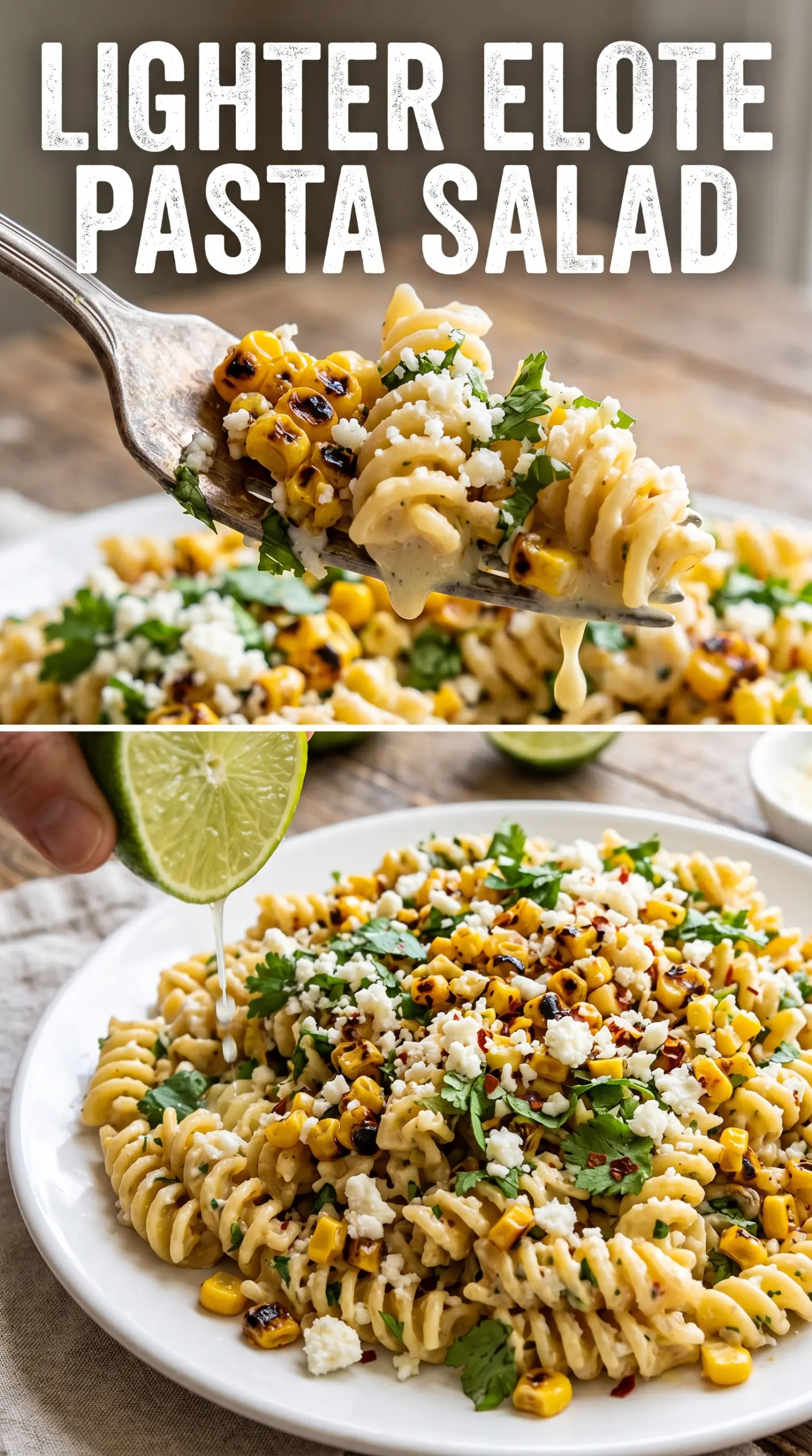 Healthy Street Corn Pasta Salad with charred corn, lime, and cotija