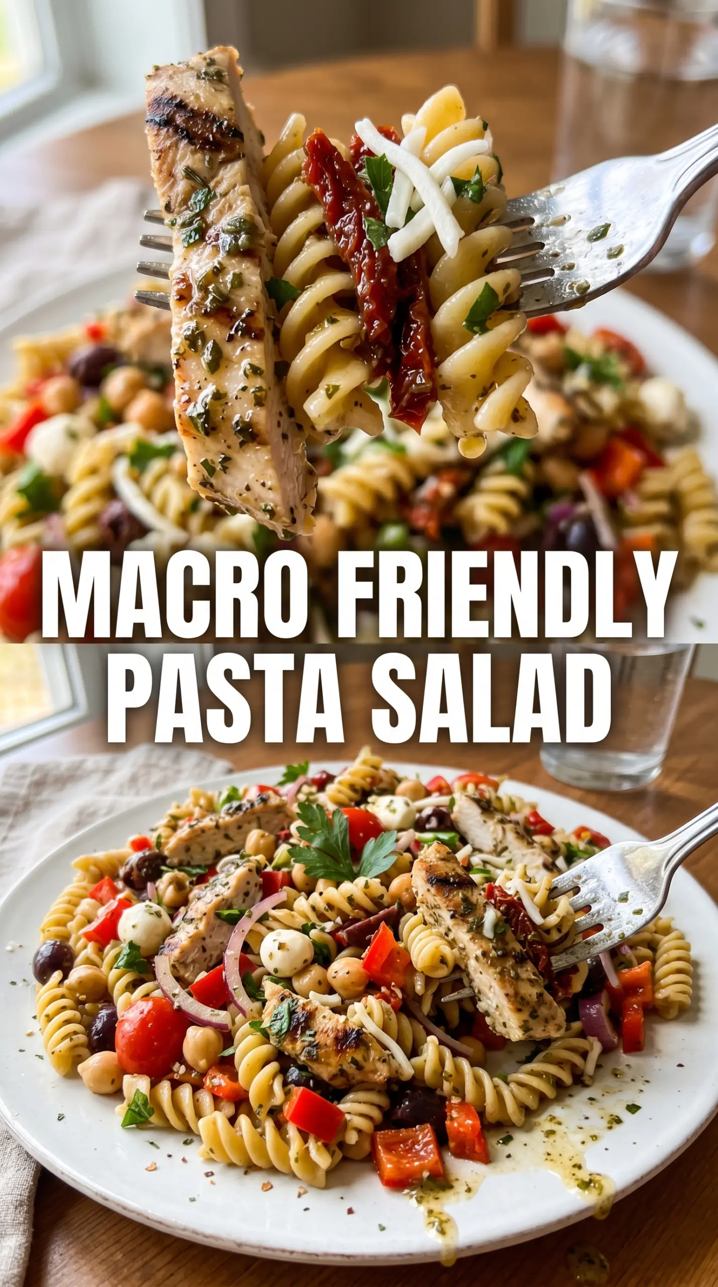 High-Protein Italian Pasta Salad with chicken, chickpeas, and mozzarella