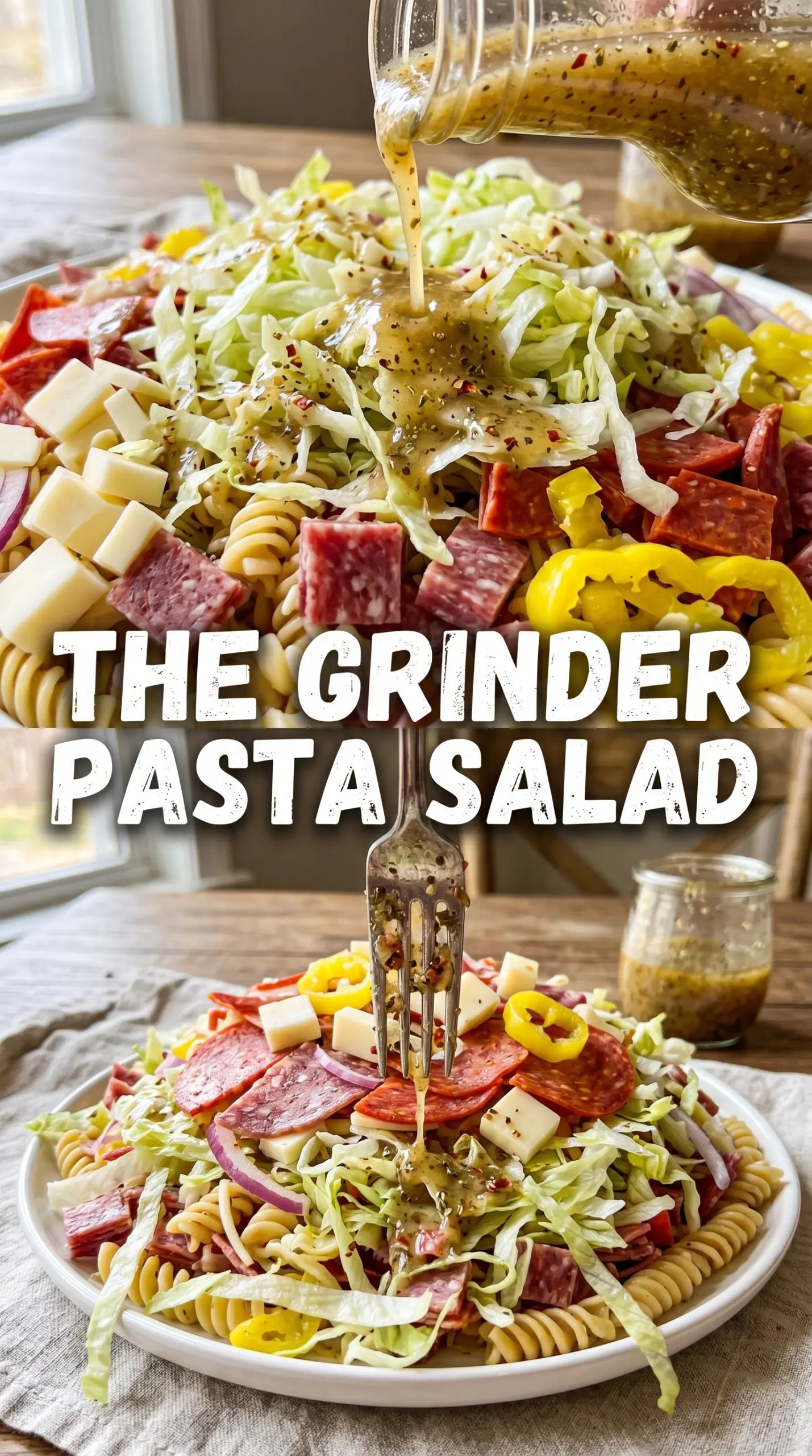 Italian Grinder Pasta Salad with deli meats, provolone, and banana peppers
