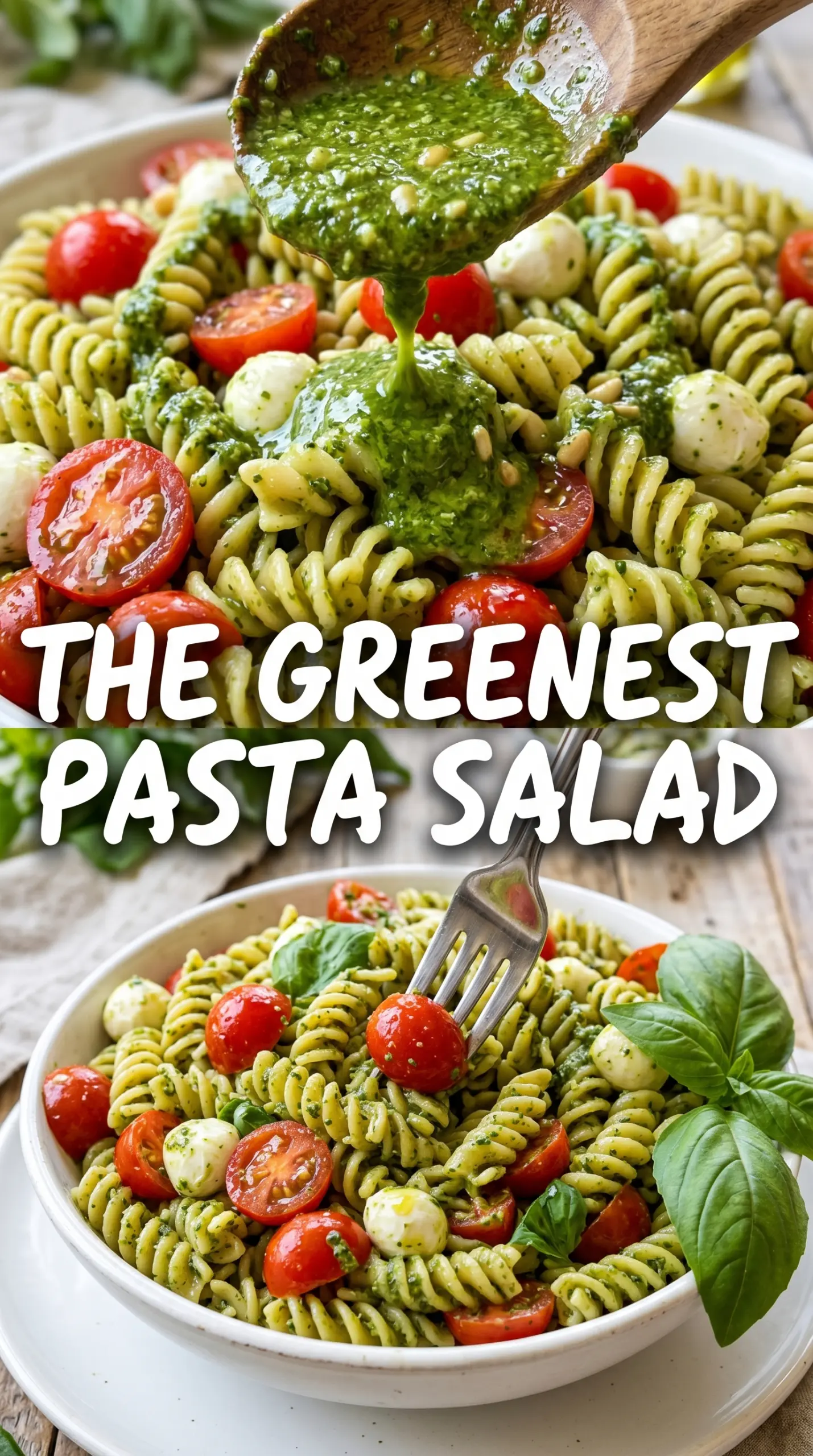 Pesto Pasta Salad with basil, tomatoes, mozzarella