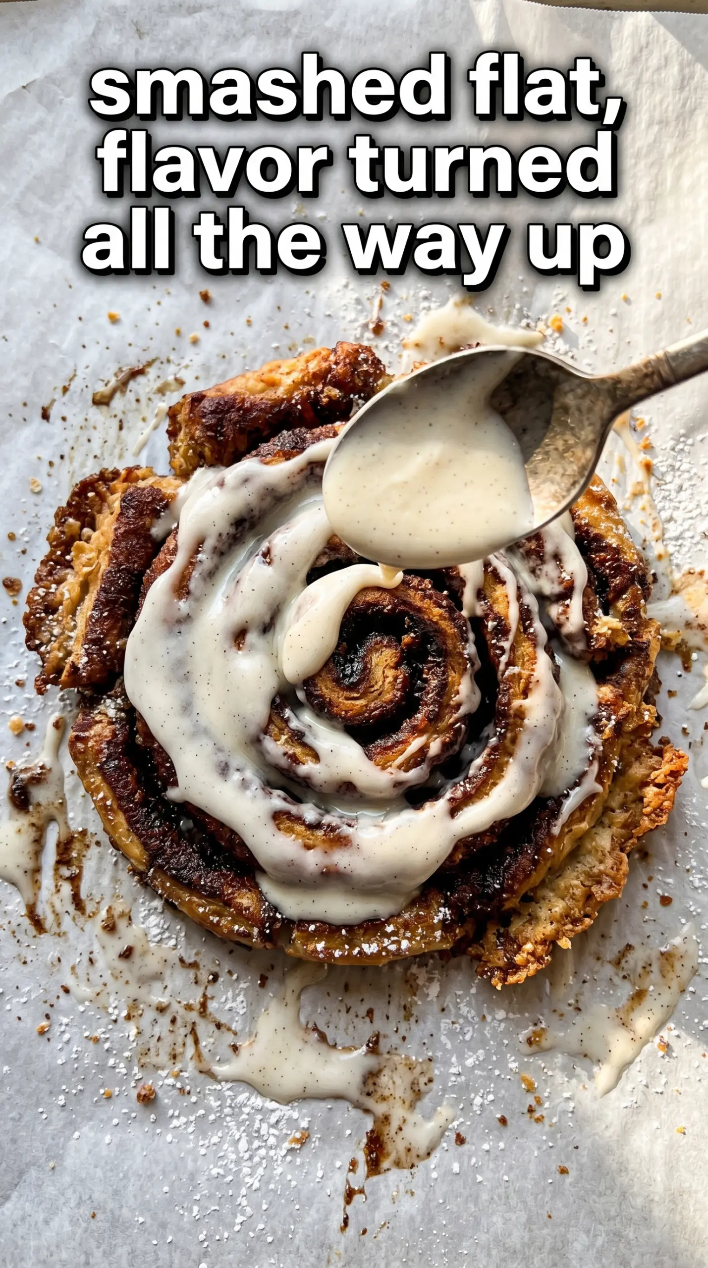 Smashed Blackstone Cinnamon Rolls caramelized icing-dripped