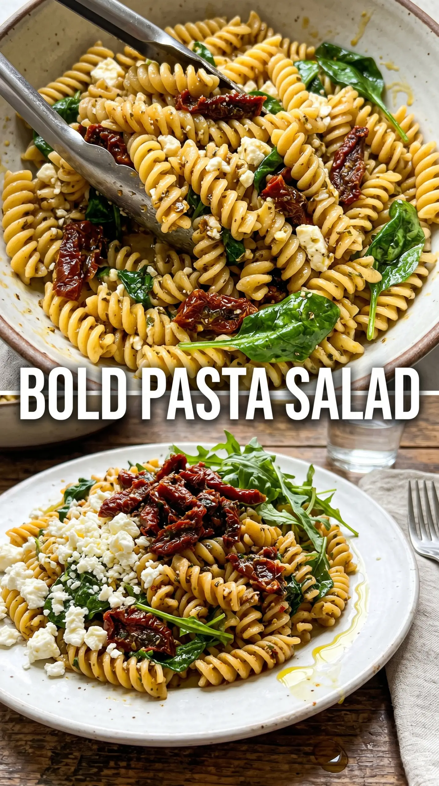 Sun-Dried Tomato Pasta Salad with feta spinach and olives