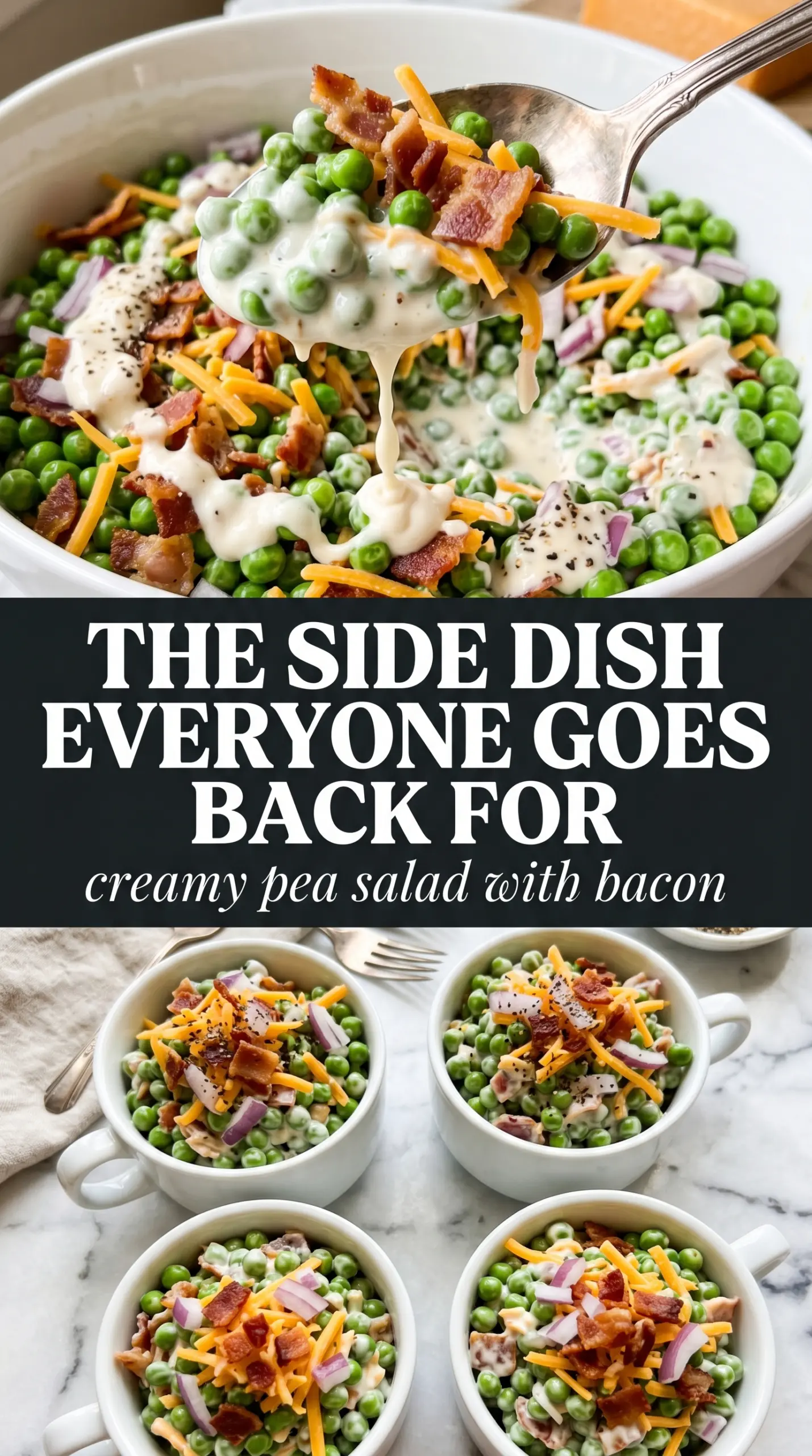 Pea salad with bacon and cheddar, creamy, tangy, chilled
