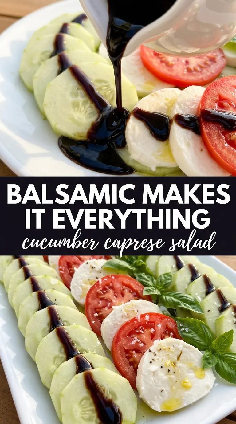 Cucumber Caprese Salad crisp cucumbers, ripe tomatoes, basil, mozzarella