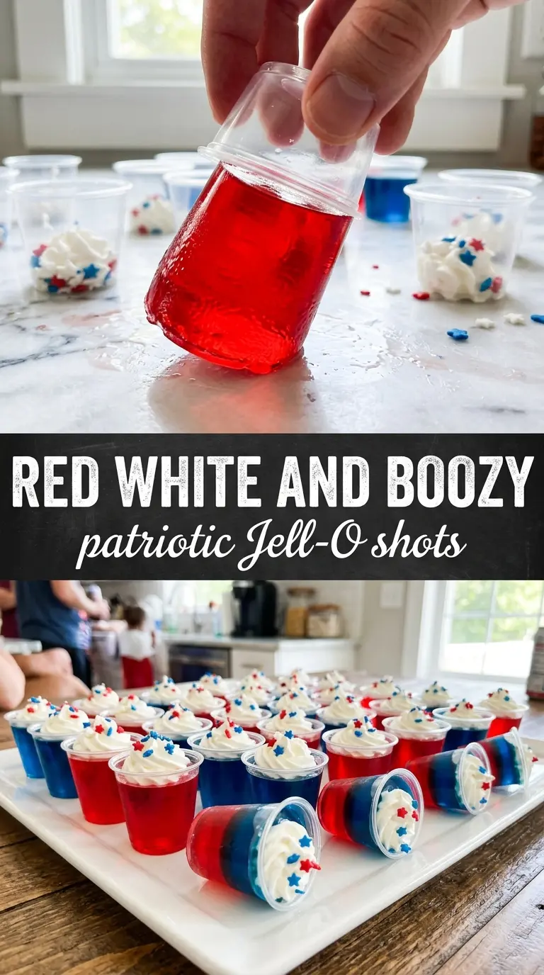 Red white blue Jell-O shots layered patriotic party drink