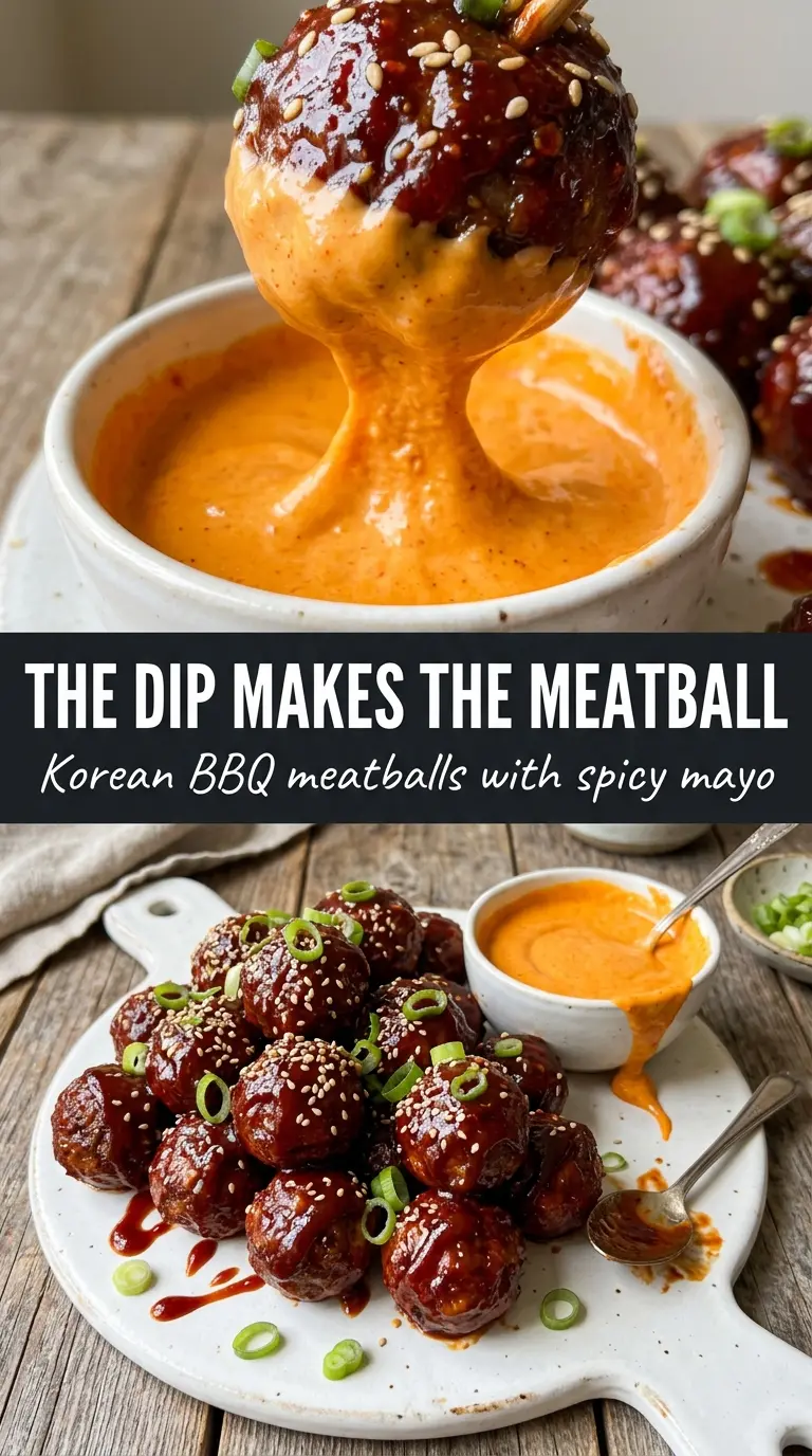 Korean BBQ Meatballs with Spicy Mayo Dip, sticky glaze, sesame garnish