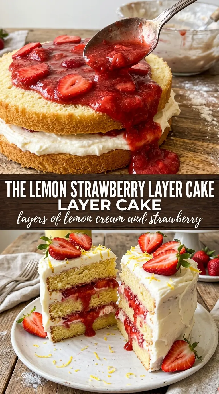 Lemon Strawberry Cake with pink frosting, fresh berries
