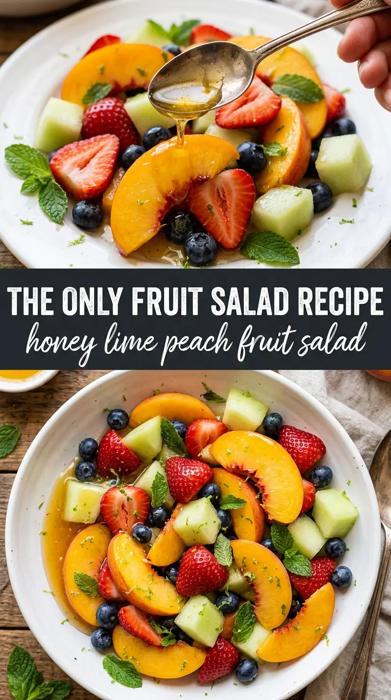 Peach Fruit Salad with honey-lime dressing, juicy berries, fresh mint