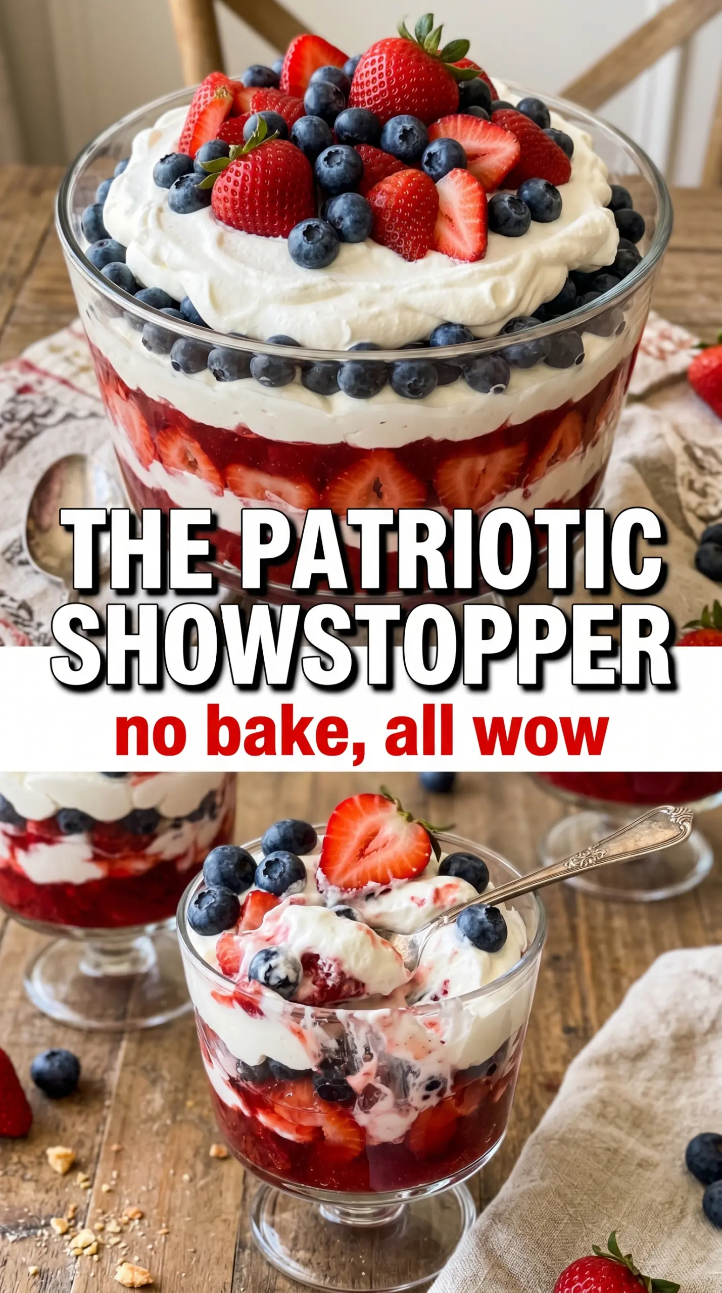 Red, White and Blueberry Trifle layered dessert, berry-studded, creamy