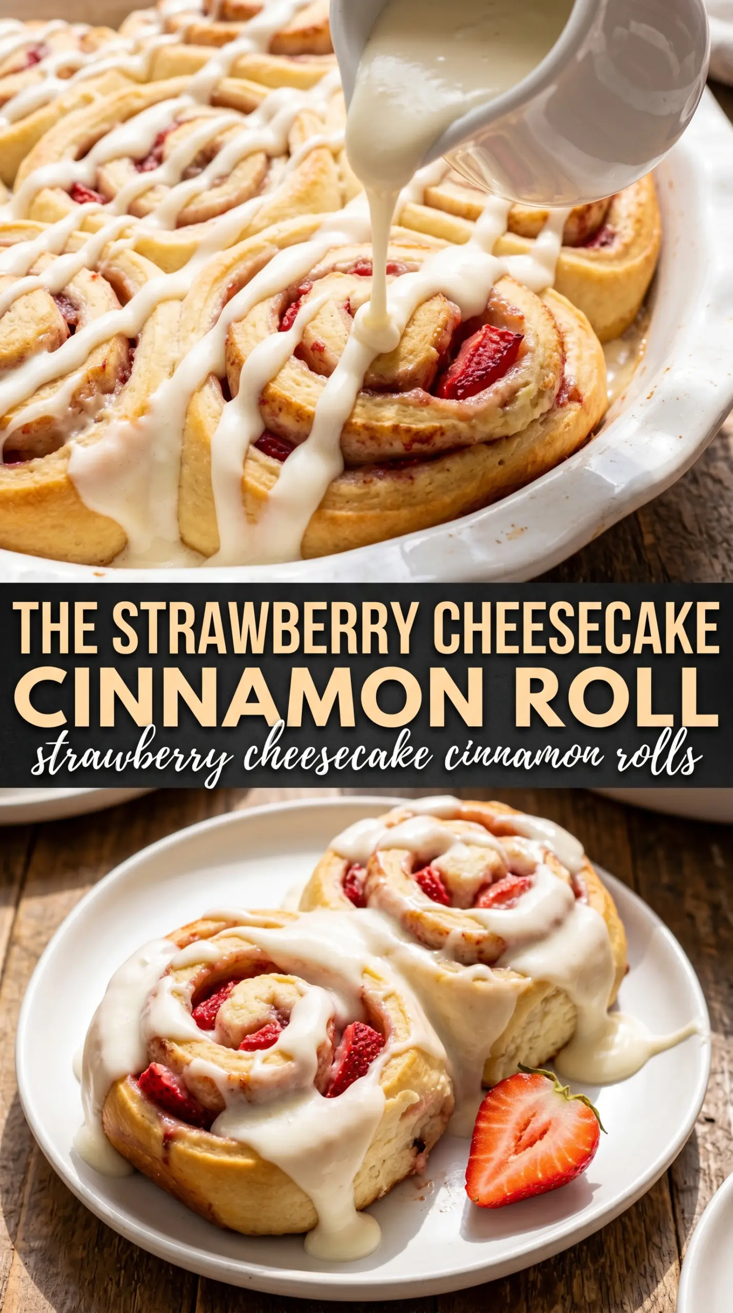 Strawberry Cheesecake Cinnamon Rolls, pink swirl, creamy glaze