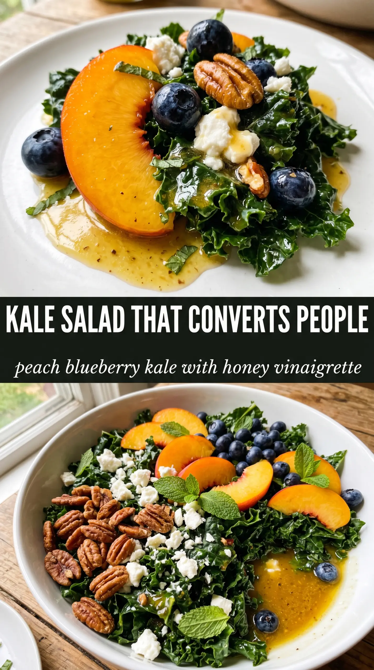 Summer Peach Blueberry Kale Salad with peaches blueberries kale