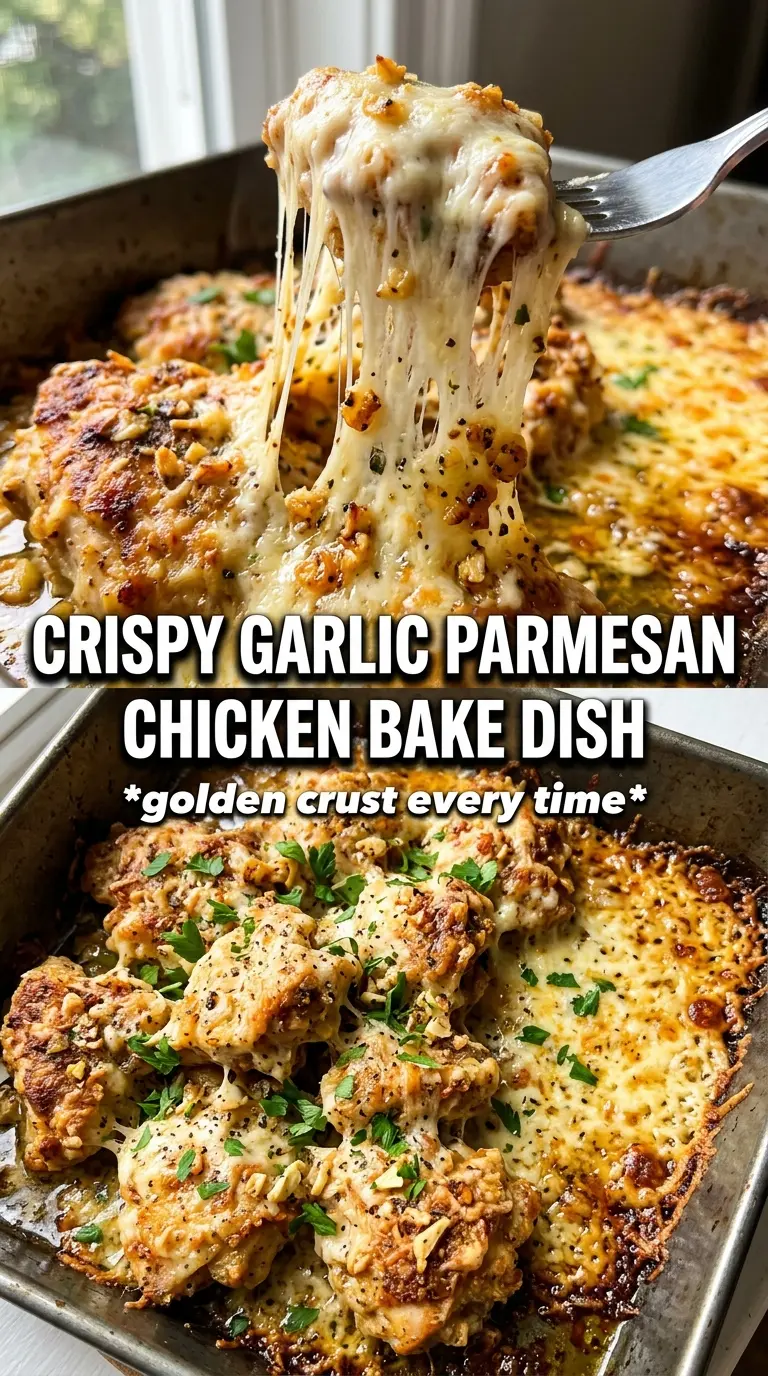 Garlic Parmesan Chicken Bake golden crust, baked chicken, crisp topping