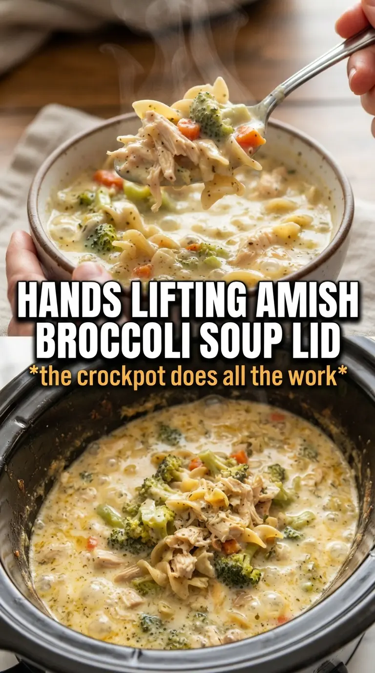 Amish Broccoli Chicken Noodle Slow Cooker Soup creamy broccoli chicken noodle