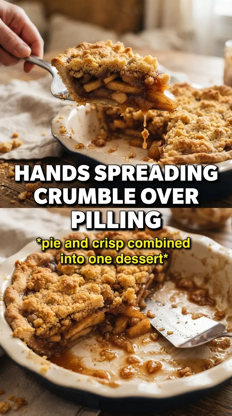 Apple Crisp Pie with caramel crumble, bubbling apples, golden crust