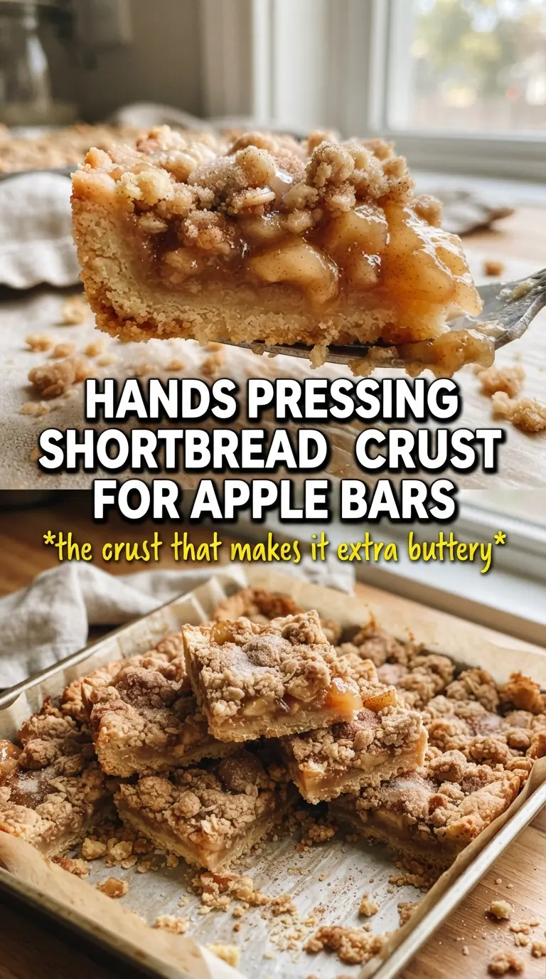Apple Crisp Shortbread Bars with buttery crumble, spiced apples, caramel drizzle