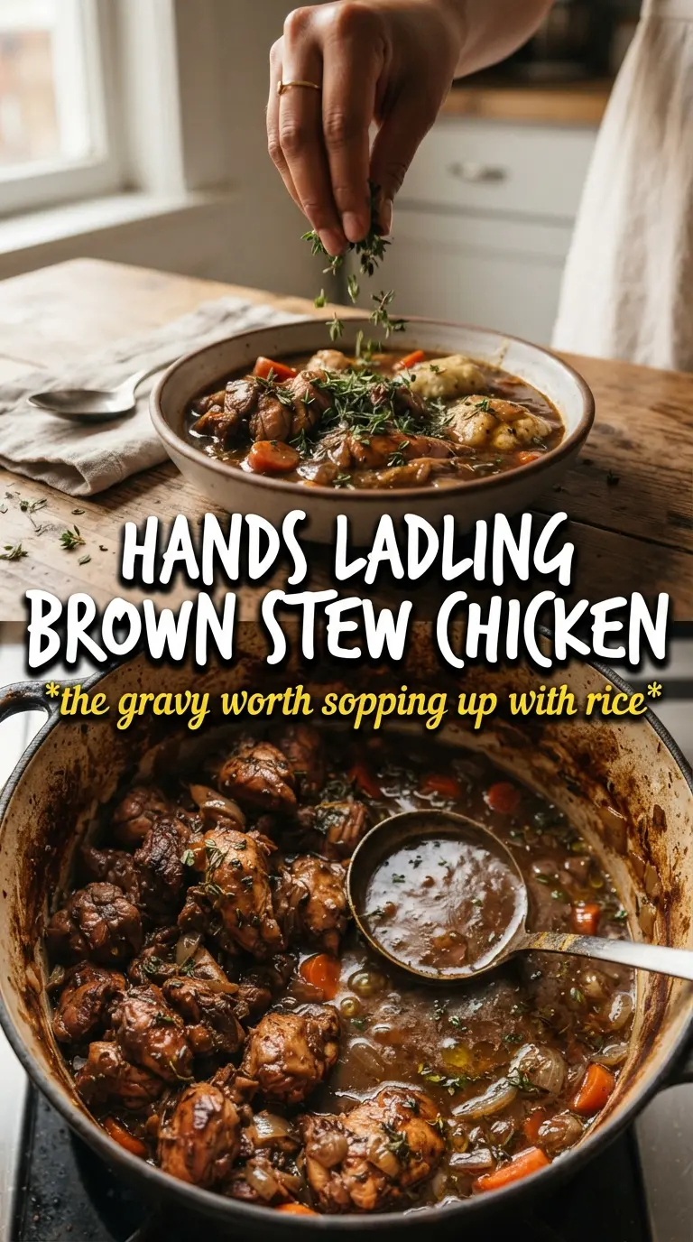 Brown Stew Chicken deep mahogany gravy, caramelized peppers, thyme