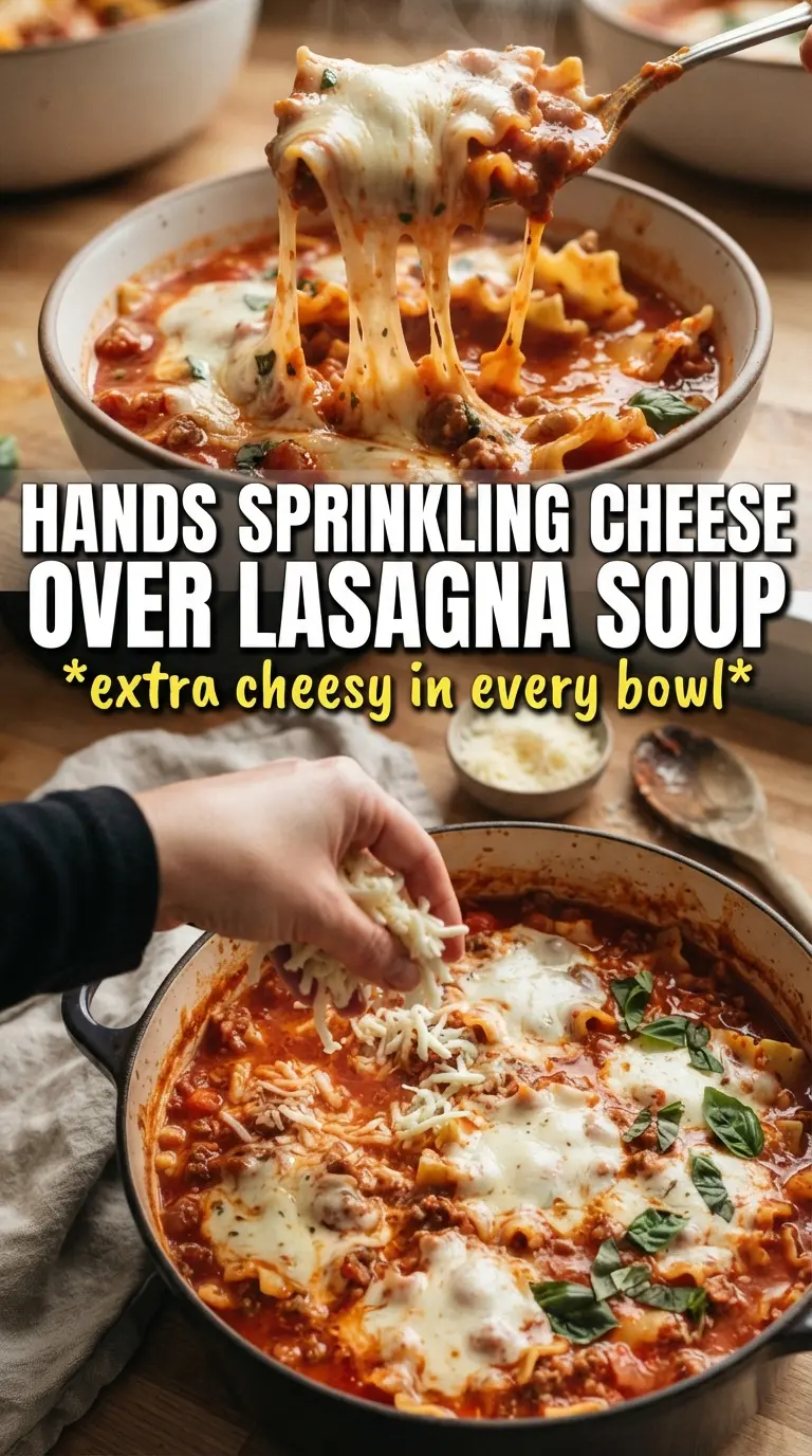 Cheesy Lasagna Soup cheesy tomato broth, broken noodles, basil