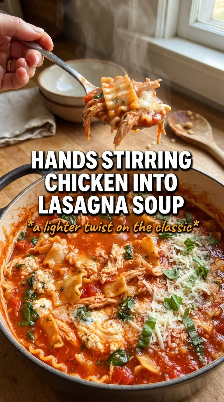 Chicken Lasagna Soup with tomato broth, cheesy, comforting