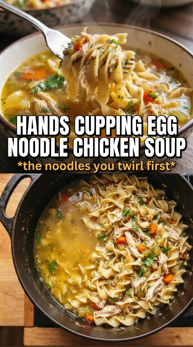 Chicken Noodle Soup With Egg Noodles, golden broth, shredded chicken, fresh dill