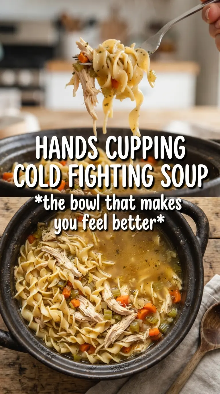 Cold Fighting Chicken Noodle Soup, golden ginger broth, soothing