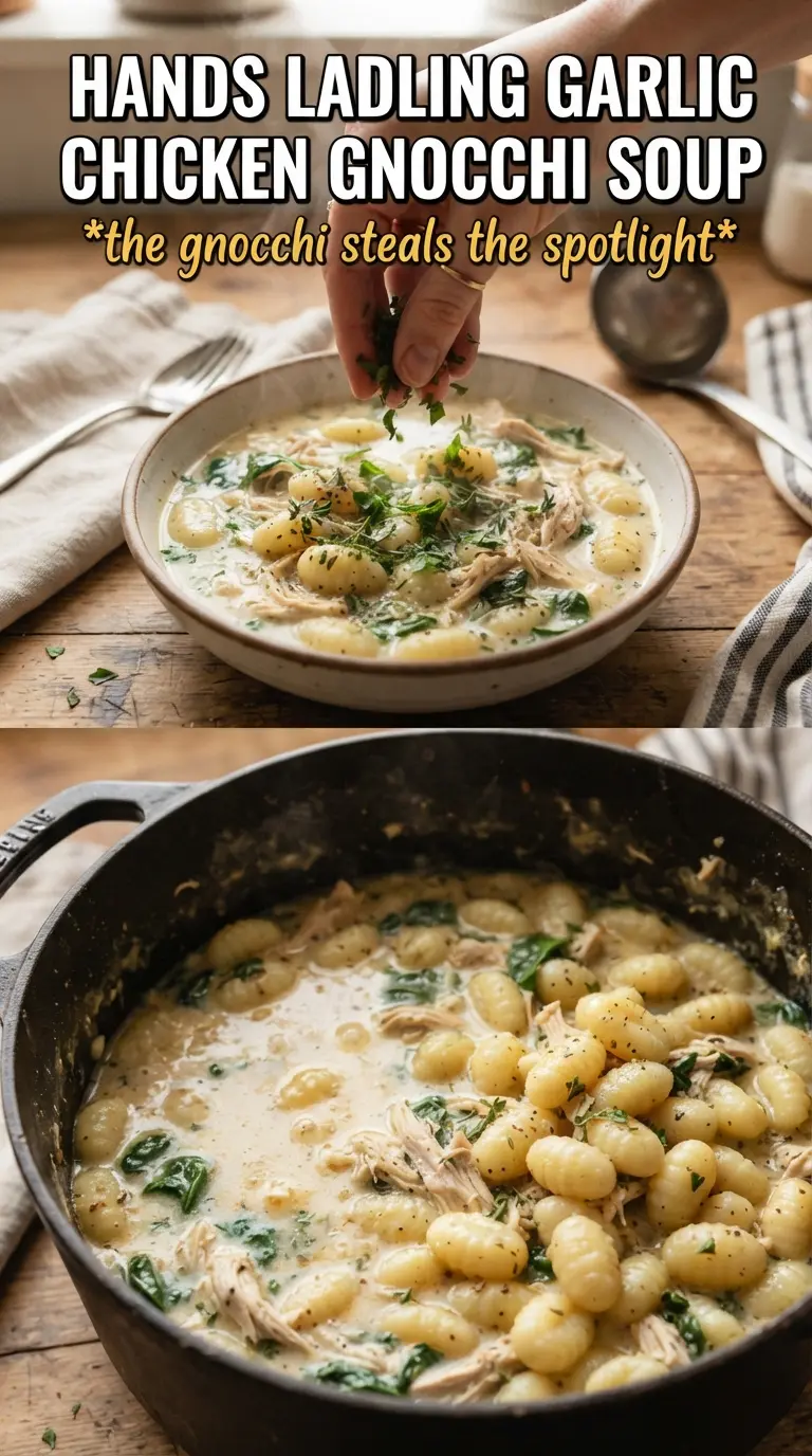 Creamy Garlic Chicken Gnocchi Soup with gnocchi, spinach, and parmesan