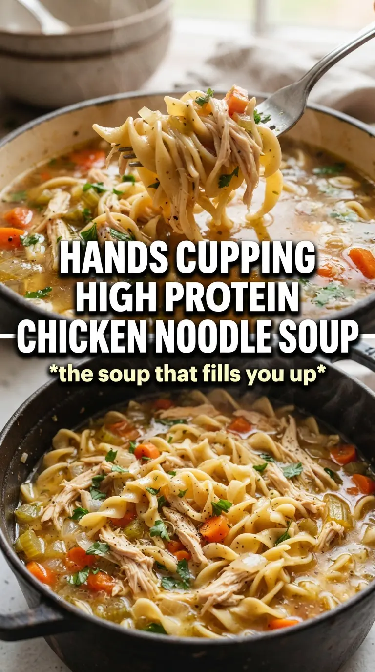 High Protein Chicken Noodle Soup, hearty broth, tender chicken