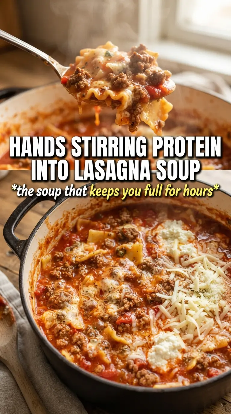 High Protein Lasagna Soup creamy tomato, cottage cheese, mozzarella