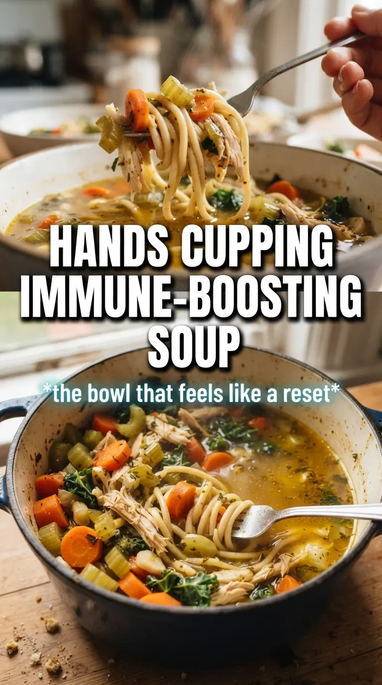 Immune-Boosting Chicken Noodle Soup golden broth, mushrooms, kale