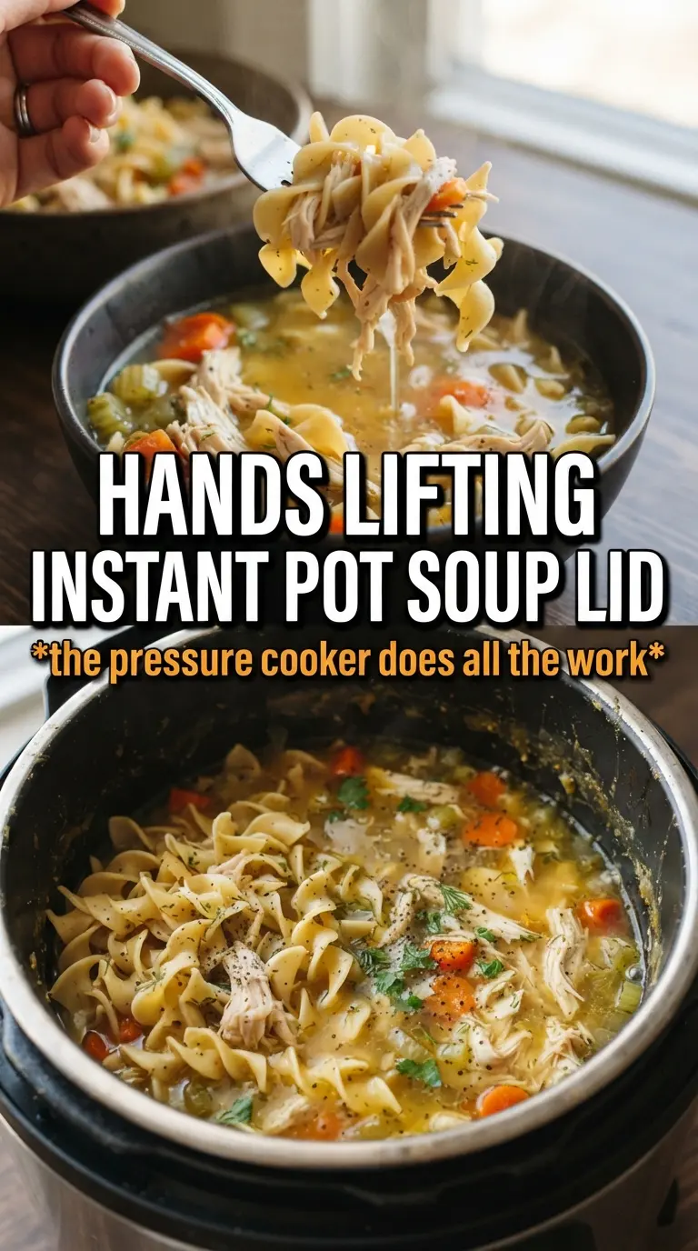 Instant Pot Chicken Noodle Soup golden broth shredded chicken egg noodles