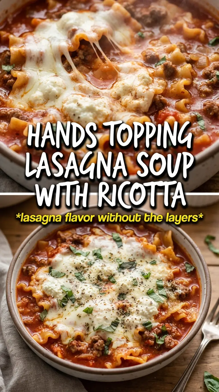 Lasagna Soup rich tomato broth, cheesy topping, broken noodles