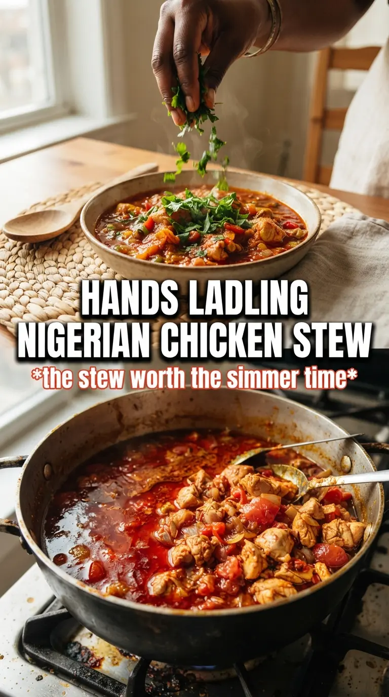 Nigerian Chicken Stew, tomato-pepper rich, golden chicken