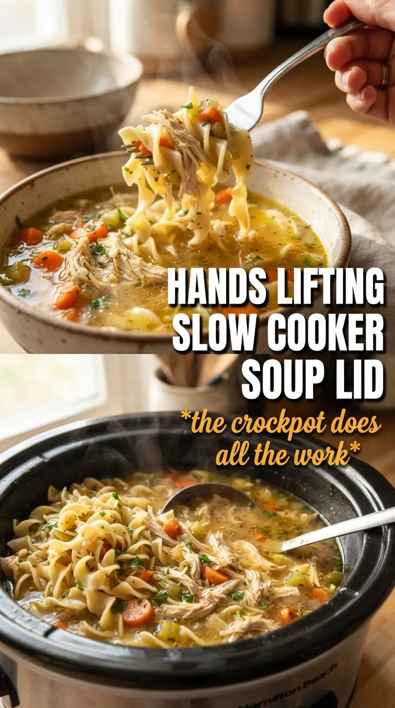 slow cooker chicken noodle soup, clear broth, tender noodles