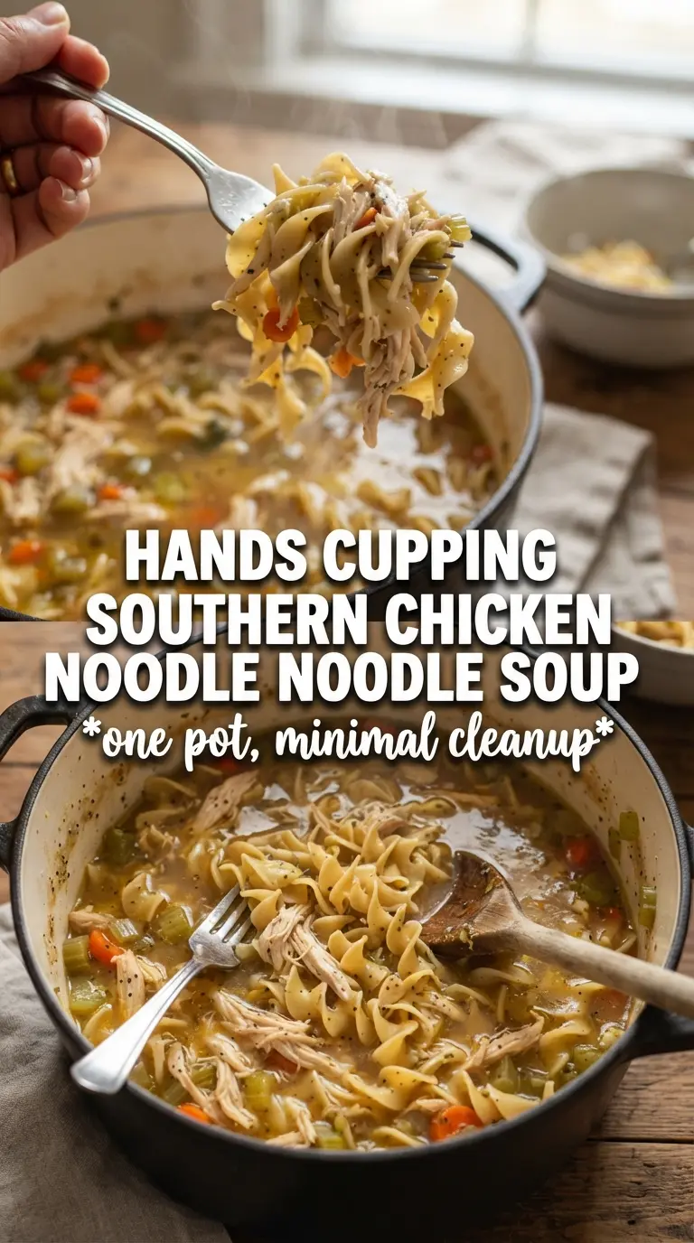 Southern Style One Pot Chicken Noodle Soup, golden broth, hearty and creamy