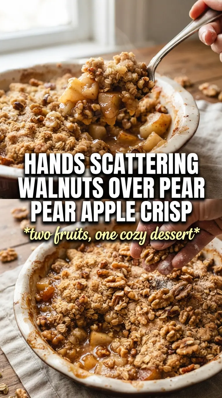 Walnut Pear Apple Crisp golden crumble, bubbling fruit, baked dessert