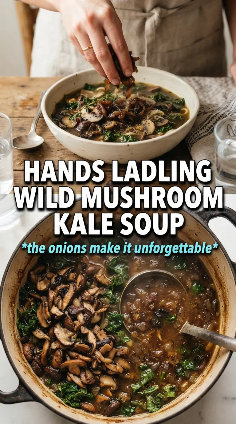 Wild Mushroom Caramelized Onion and Kale Soup earthy savory rustic